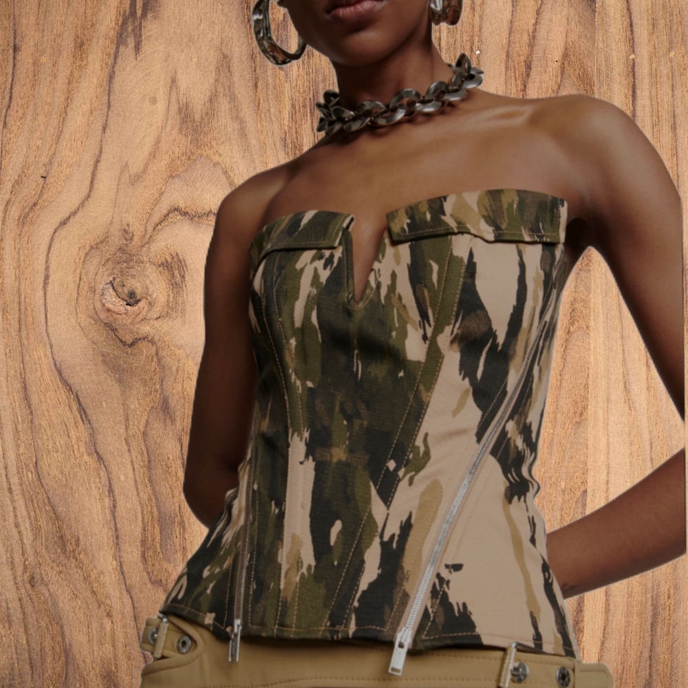 DION LEE Camo Zipper Corset Top
